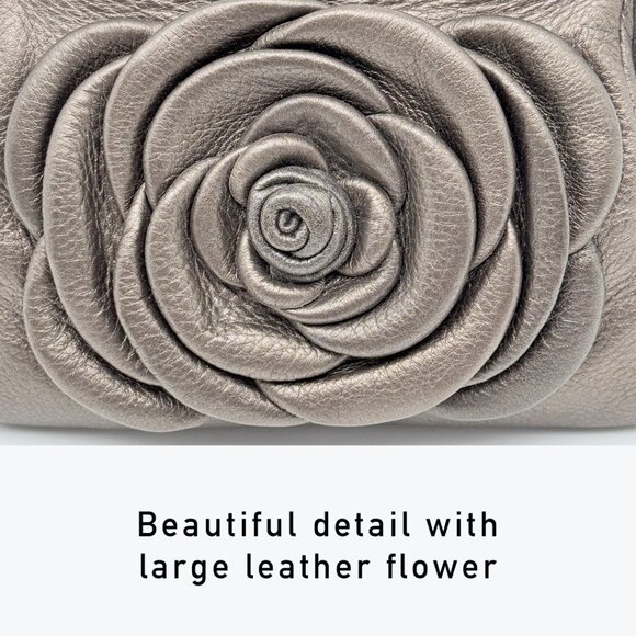 Brighton Pewter Leather Clutch Crossbody Purse Large Dimensional Flower on Front - Picture 9 of 17